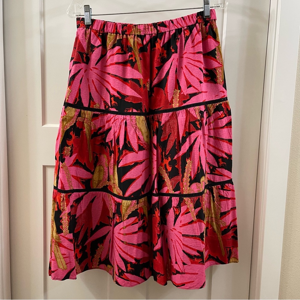 J. Crew Skirt, Hawaiian-like print, pink, red, gold & black, fully-lined, Small